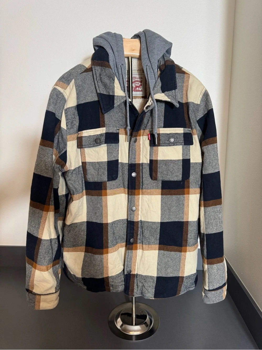 Levi's Men's Hooded Plaid Flannel Shirt Jacket Sherpa Lined Size L